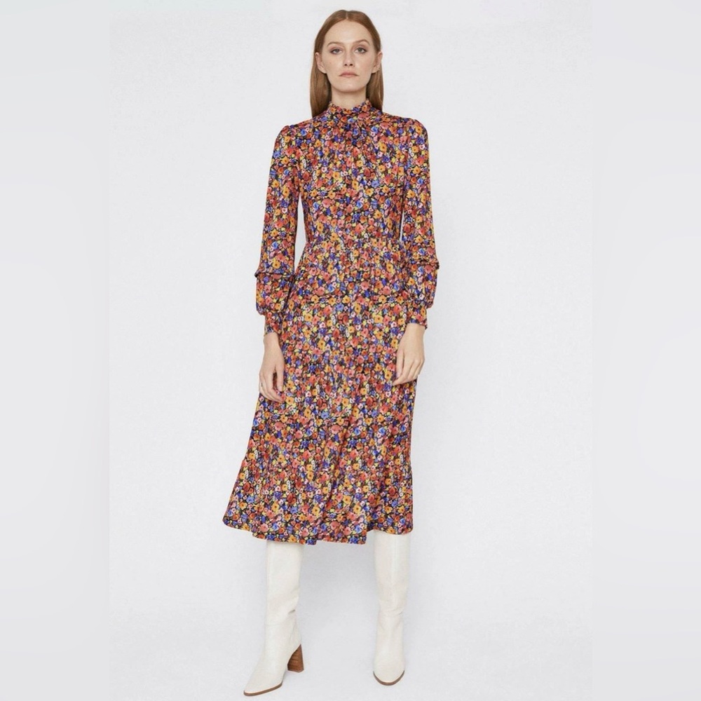Warehouse women’s Multicolor Floral High-Neck long sleeves Midi Dress size M